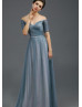Off Shoulder Gray Blue Tulle Pleated Long Evening Dress
